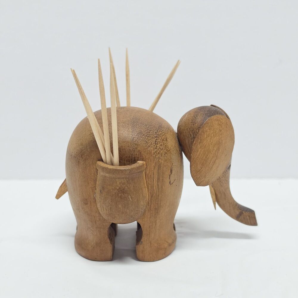 Vintage Wooden Elephant Toothpick Holder Kitchen Colonial Decor Appetizers As Is
